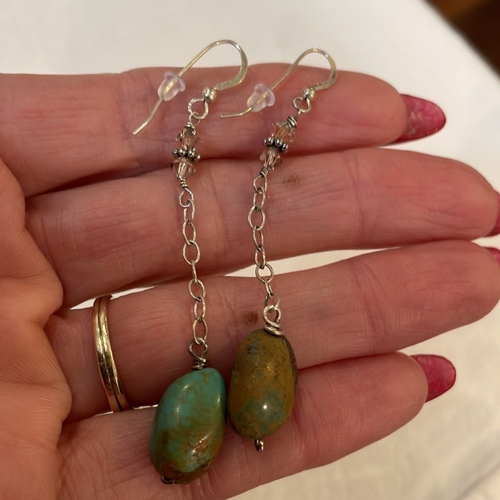 Sterling silver dainty chain glass bead turquoise stone long dangle - Picture 4 of 8